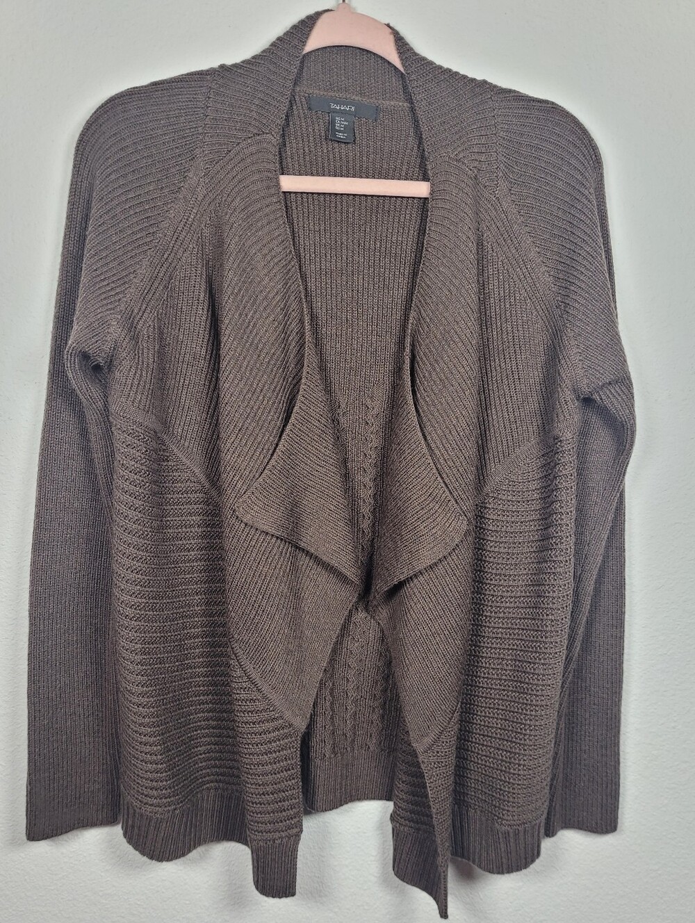 Tahari 100% Merino Wool Open Front Draped Cardigan Sweater M Brown Cable Knit